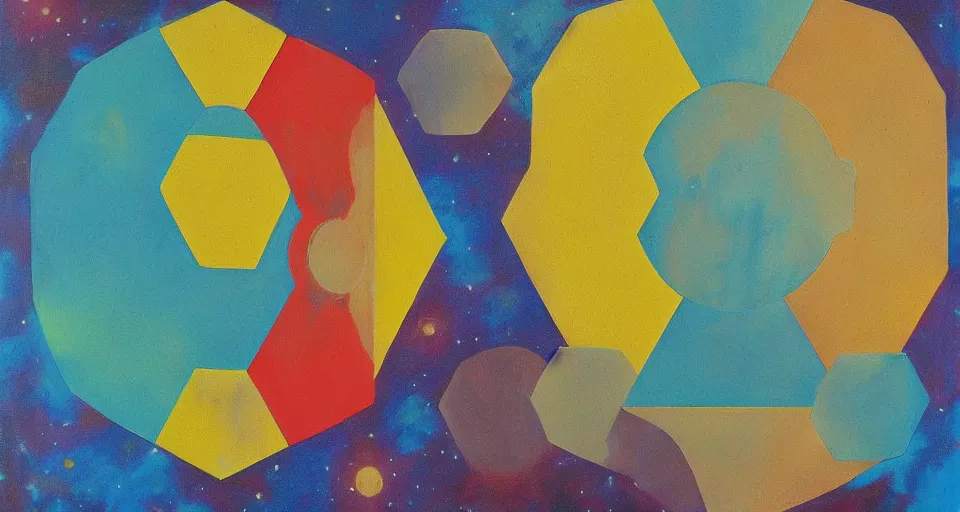 Image similar to shield made from hexagons, in space, the sun and earth, art deco painting