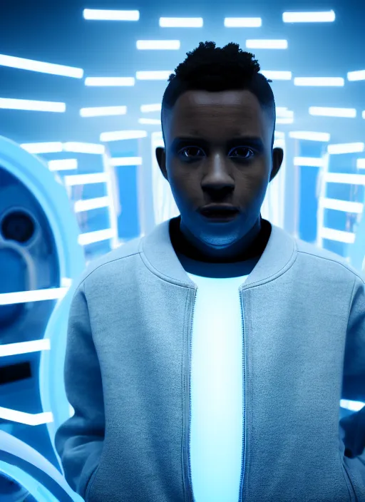 Image similar to a black man with short curly haircut, portrait, wearing black letter jacket, holding a futuristic looking big cinema camera, light blue led's, sharp focus, octane render, hyperrealistic, cinematic lighting, highly detailed, 8 k,