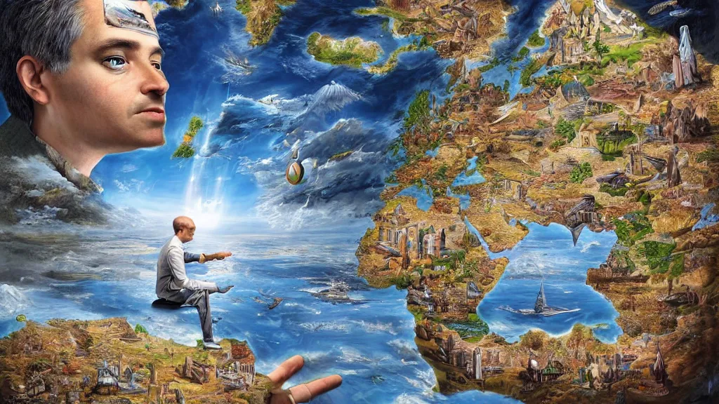 Image similar to surreal world map in the styles of igor morski, jim warren, and rob gonsalves, intricate, accurate geography, volumetric lighting, serene, imaginative