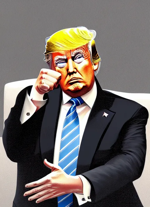 Prompt: donald trump showing fist in oval office, backround dark, highly detailed, digital illustration, trending in artstation, modern painting, smooth, sharp focus, intricate, einar jonsson, ilya repin