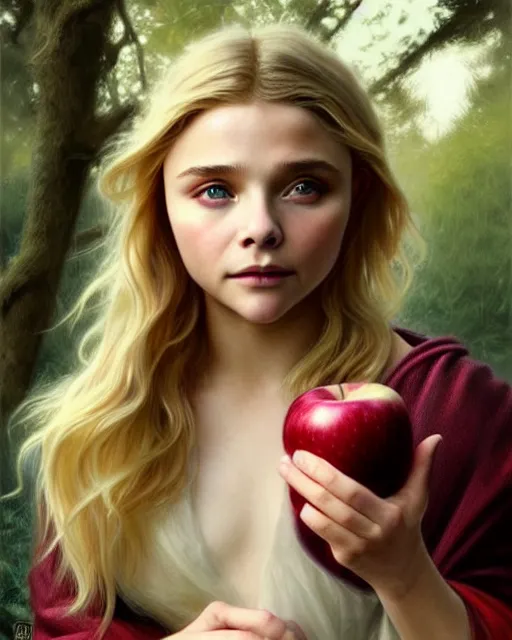 Prompt: young mage chloe grace moretz holing an apple, blonde hair, forest, heavy cloak and chemise, ultra realistic, intricate, elegant, highly detailed, digital painting, artstaion, smooth, sharp, focus, illustration, art by artgerm and greg rutkowski and alphonse mucha