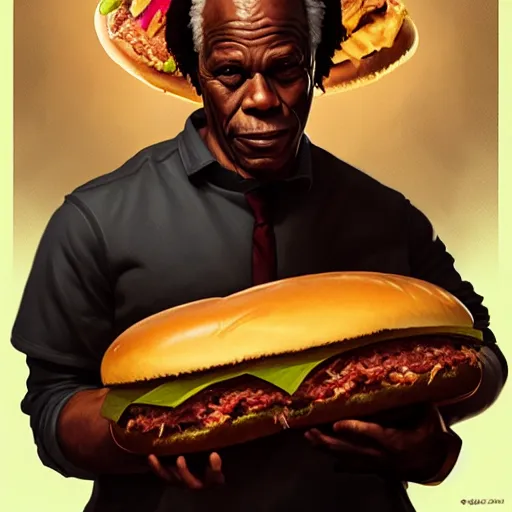 Prompt: portrait of danny glover eating a giant hamburger, ethereal, handsome, d & d, fantasy, intricate, elegant, highly detailed, digital painting, artstation, concept art, matte, sharp focus, illustration, art by artgerm and greg rutkowski and alphonse mucha