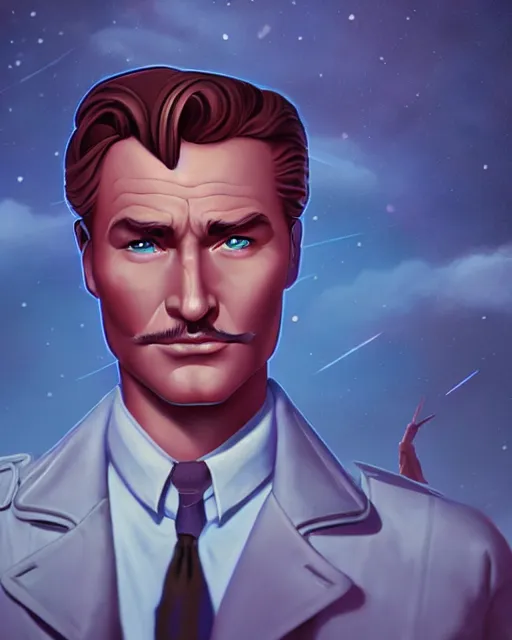 Image similar to Errol Flynn as a scientist. 1980s dystopian Soviet Russia, propaganda screens. Unreal engine, fantasy art by Lois van Baarle. Faithfully depicted facial expression, perfect anatomy global illumination, radiant light, detailed and intricate environment