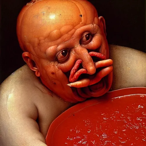 Image similar to a chef sitting in a bathtub full of tomato sauce, looking straight into camera, screaming in pain, by giuseppe arcimboldo and ambrosius benson, renaissance, fruit, intricate and intense oil paint, a touch of beksinski, realistic