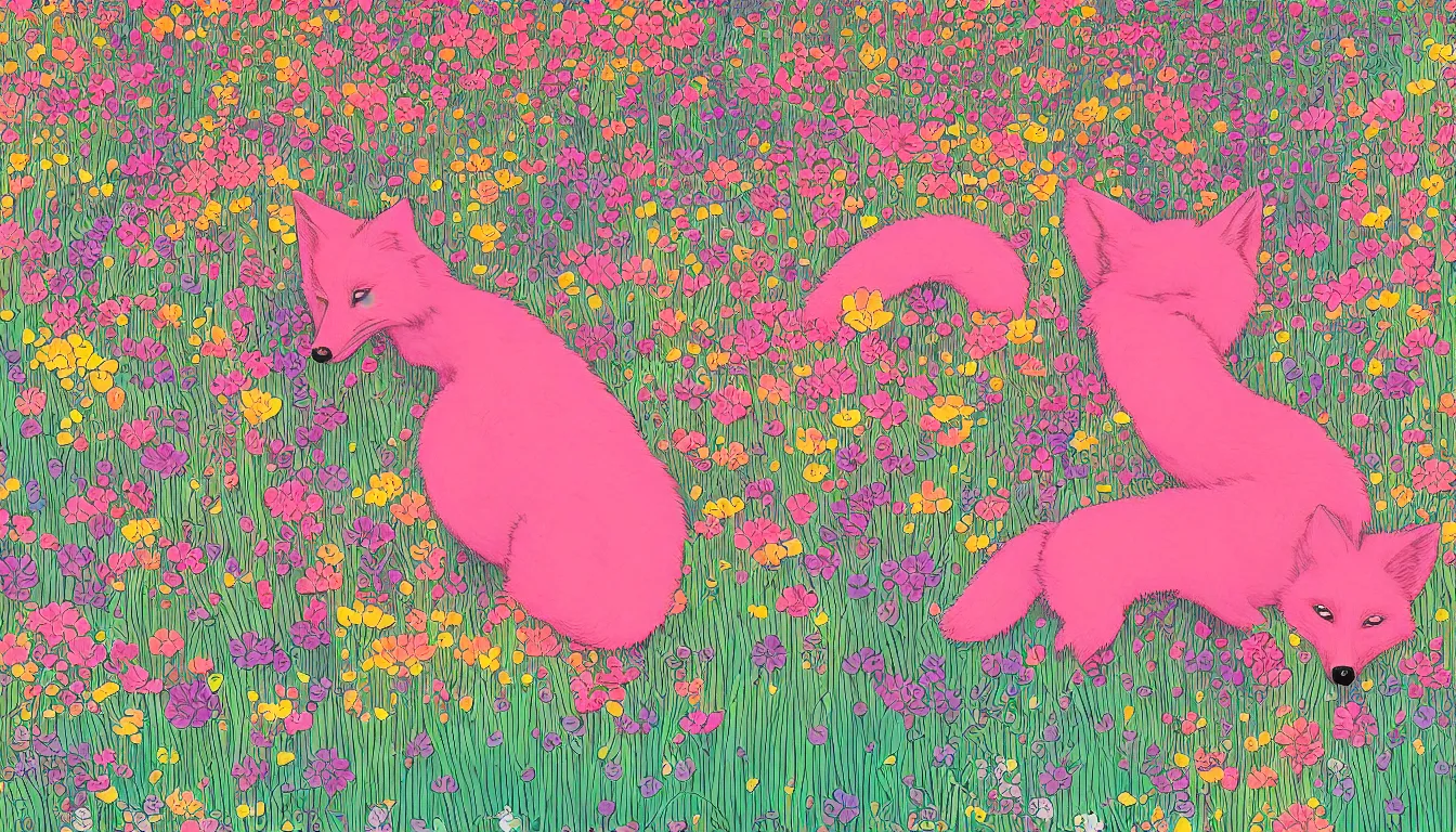 Image similar to pink fox head popping out of a field of multi colored flowers by kilian eng, victo ngai, josan gonzalez