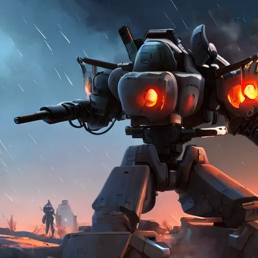 Image similar to a mech with guns on each arm preparing for combat, battlefield, dead trees, fire, smoke, dark clouds, slightly sunny, ominous, intense, epic, extremely detailed, cinematic lighting, studio ghibli, anime,