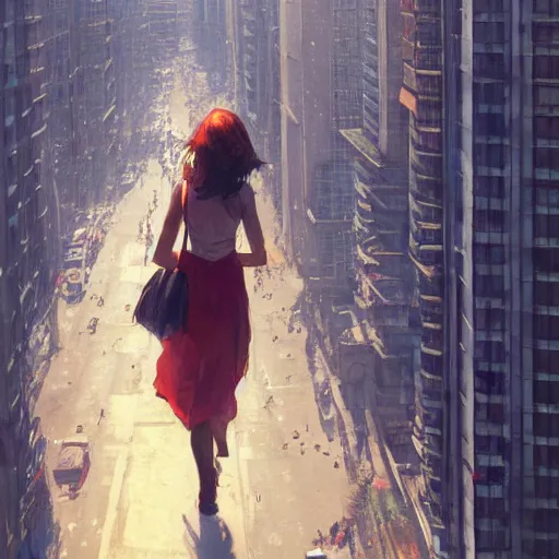 Image similar to woman, city, looking down, street top view, by wlop, artgerm, greg rutkowski