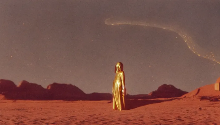 Image similar to glowing bene gesserit in full - face golden glowing mask meet salvador dali in a black rocky desert landscape with alienabandoned city beneath the sand and giant alien spaceship in the sky attacks the earth by christopher doyle and alejandro jodorowsky, anamorphic lens, kodakchrome, cinematic composition, very detailed photo, 8 k,