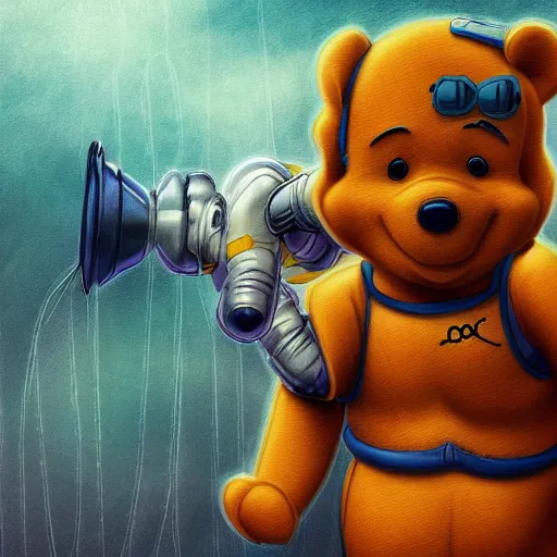 Prompt: Cyborg Winnie the Pooh, digital art, trending on ArtStation, high detail, high quality