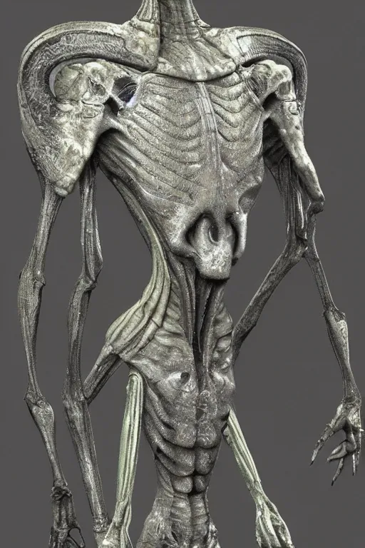 Image similar to humanoid alien creature, thin, it has armor-like shell on it's arms and feet