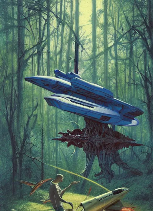 Image similar to hyper realistic spaceship in the woods by a river gorgeous lighting, lush forest foliage blue sky a hyper realistic painting by chiara bautista and beksinski and norman rockwell and greg rutkowski, weta studio, and lucasfilm