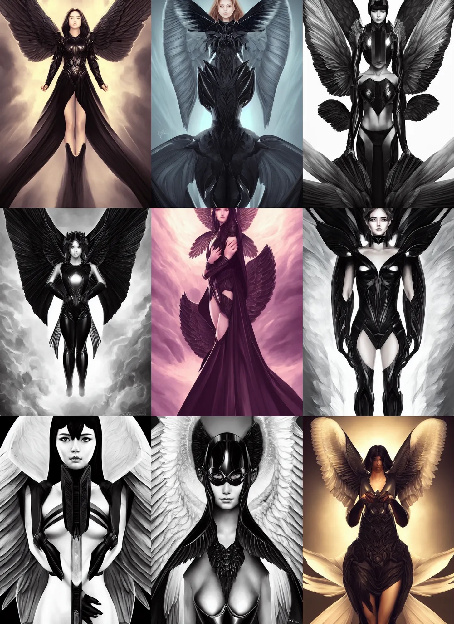 Prompt: portrait of an angel in heaven, huge black symmetric wings, obsidian black armor, balance, by artgerm, rossdraws, sakimichan, digital illustration, chiaroscuro