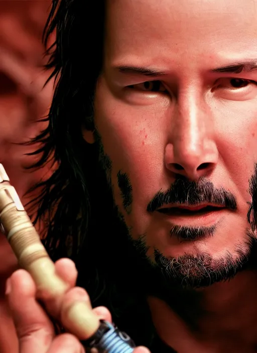 Image similar to close - up keanu reeves as a jedi holding a lightsaber, a red sand desert, 8 k, shallow depth of field, intricate detail,