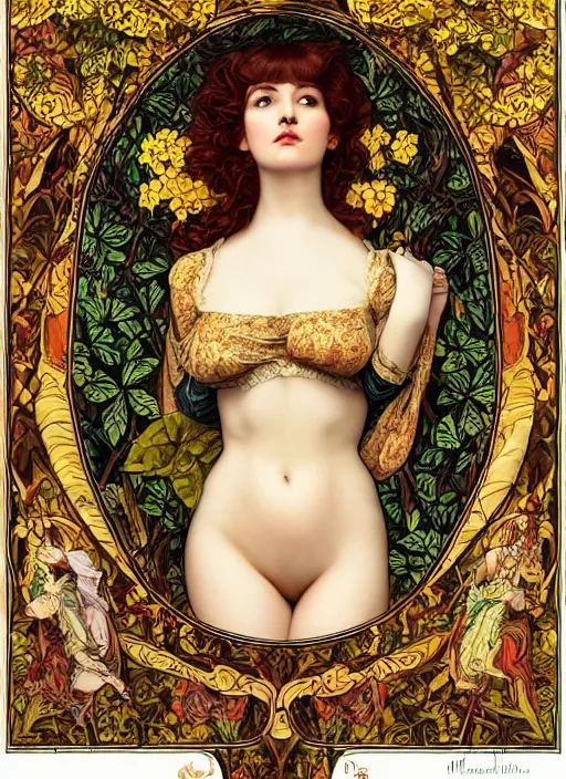 Image similar to masterpiece beautiful seductive flowing curves pinup pose preraphaelite face portrait photography, extreme closeup shot, straight bangs, thick set features, yellow ochre ornate medieval dress, amongst foliage mushroom forest arch, circle, william morris and kilian eng and mucha, framed, 4 k