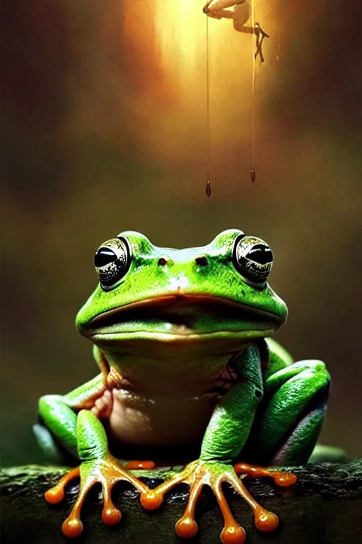 Image similar to a very happy frog, fine art, awesome fantasy book cover on Pinterest, award winning, dark fantasy landscape, fantasy magic, intricate, elegant, sharp focus, cinematic lighting, highly detailed, digital painting, concept art, art by WLOP and Artgerm and Greg Rutkowski, masterpiece, trending on artstation, 8K