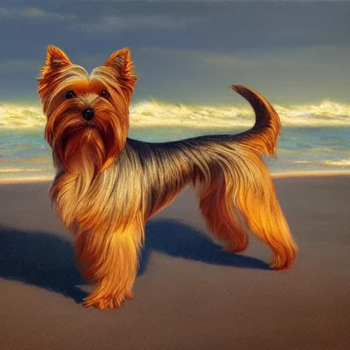 Prompt: ultra realistic portrait painting of a yorkshire terrier on the beach, art by michael sowa, 4 k, ultra realistic, highly detailed, epic lighting