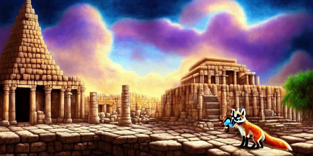 Image similar to illusion painting hidden temple in the clouds : an adorable small fox in the huge ruins of the second temple in jerusalem. a new temple hovers quietly hiding in the dreamy clouds above. a hooded bearded old man in a brown tunic laughing, colorful 8 k, art station, intricate superb details, digital art, illusion painting hidden image.