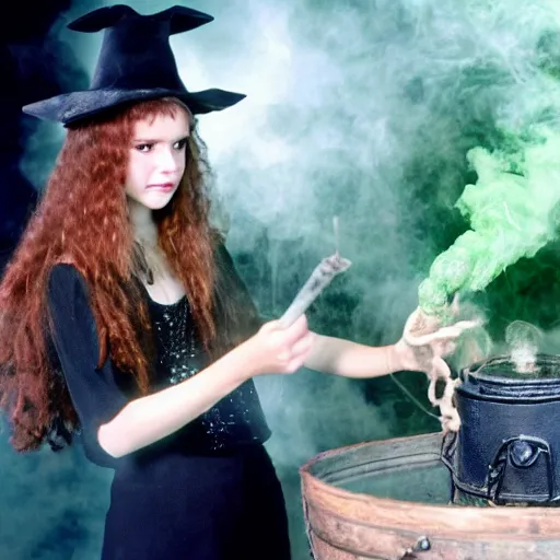 Prompt: teen witch mixing a spell in a cauldron, wispy smoke, studio photography, a black cat, green glowing smoke is coming out of the cauldron, ingredients on the table, apothecary shelves in the background, still from the tv show