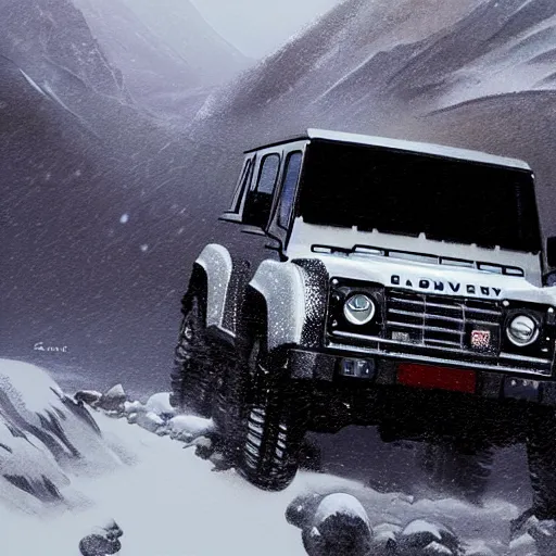 Prompt: a landrover crossing the alps while its snowing, digital art, artstation, photgraphy, highly detailed, digital painting, artstation, concept art, sharp focus, illustration, art by greg rutkowski and artgerm