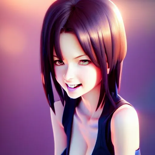 Prompt: youth kim beckinsale laughing softly, occlusion shadow, specular reflection, rim light, unreal engine, range murata, artstation, pinterest, art by hiroaki samura and ilya kuvshinov and rossdraws, intricate, highly detailed 8 k, art deco illustration, realistic, extremely beautiful shape of face, neck, shoulders eyes