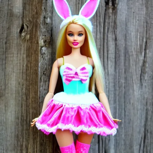 Prompt: barbie doll, bunny costume, playboy, rabbit ears, plaid tights, full length, raspberry banana color, lace