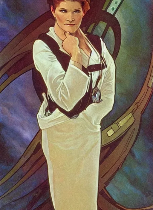 Image similar to captain janeway from star trek voyager, a still from star trek voyager painted by alphonse mucha. clear highly detailed face, beautiful sci fi art