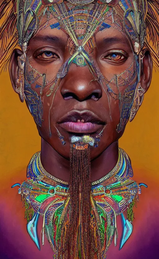 Image similar to upper half portrait of retro futuristic african tribal chief - embellished with vegetation and iridescent crystals, art by stanley artgem lau, design blocking by alphonso mucha, colouring by zdzisaw beksinski, highly detailed, digital painting, airbrush, concept art, illustration, smooth sharp focus, intricate, symmetry, artstation, colourful,