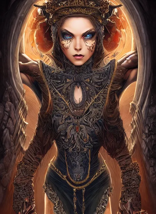 Image similar to a highly detailed symmetrical painting of a sorceress with piercing beautiful eyes, dark tomb setting, dynamic lighting, ambient lighting, deviantart, art by mark brooks and artgerm and karol bak