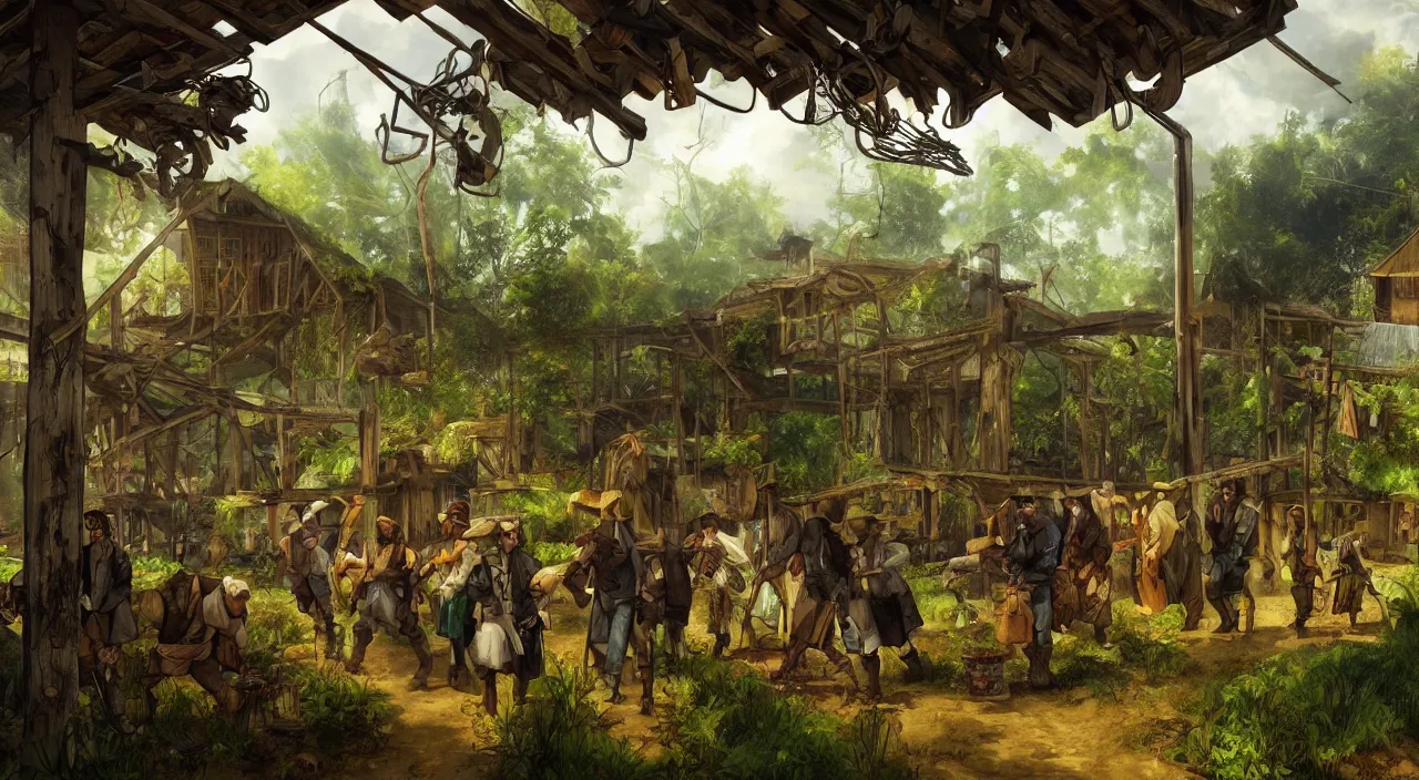 Prompt: wide shot of amish raiding a barn in the jungle, concept art from the game borderlands, drawn by rembrandt and alphonse mucha, lush greens, birds flying, volumetric lighting, 8 k, trending on artstation, bright blue sky, highly detailed, professional digital painting, epic, cinematic