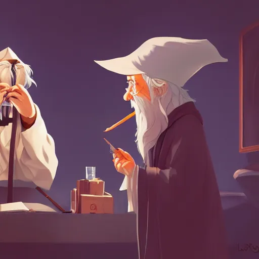 Image similar to J.R.R. Tolkien smoking his pipe in scholarly robes as Gandalf with a wizard hat and great flowing white beard, knowing look, ambient lighting, 4k, anime key visual, lois van baarle, ilya kuvshinov, rossdraws, artstation