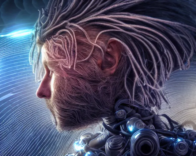 Prompt: realistic textured magnetosphere, beautiful hairy humanoids, love, joy, complex cybernetic beings, glowing hair, vortexes, large array, ornate hair, cinematic light shadows, wet hdr refractions, insanely detailed, cybernetic civilizations, 8 k, * * * * *