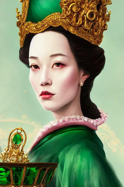 Image similar to a beautiful empress portrait, with a brilliant, impossible striking shiny big emerald headpiece, emerald robes, Alice in wonderland, rococo, baroque, jewels, asian, realistic, closeup, D&D, fantasy, intricate, elegant, highly detailed, digital painting, symmetrical, artstation, octane render, 8k, concept art, matte, sharp focus, illustration, art by Artgerm and Greg Rutkowski and Alphonse Mucha