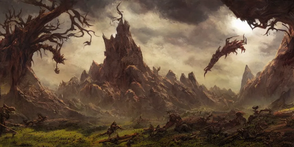 Prompt: epic fantasy landscape in the style of frank frezetta,