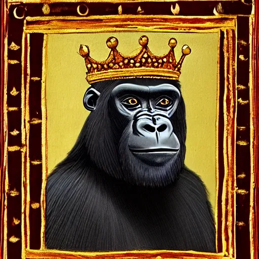 Image similar to medieval royal painting of a regal gorilla wearing a crown, 4 k, high resolution, still, landscape, hd, dslr, hyper realistic