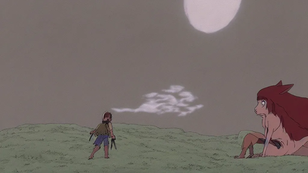 Prompt: a cell shaded cartoon movie still from princess mononoke ( 1 9 9 7 ) showing a ufo from independence day ( 1 9 9 6 ). very dull muted colors, hd, 4 k, hq