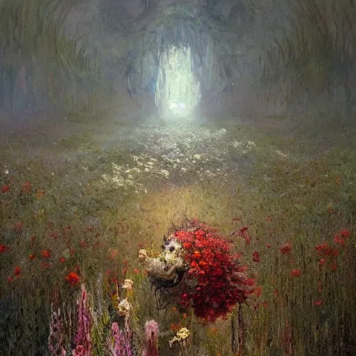 Image similar to a beautiful terrifying monster made of flowers. ethereal horror fantasy art by greg rutkowski and monet