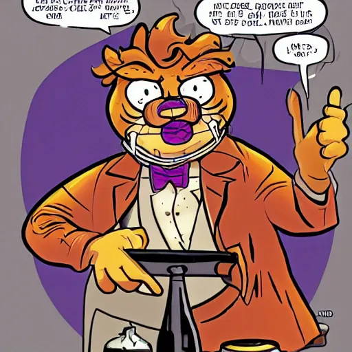 Image similar to garfield as a mad scientist creating thanos in a laboratory