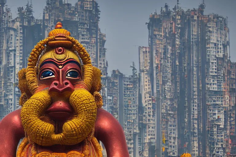 Image similar to high quality 3 d cyberpunk biomorphic hanuman head building in the middle of mumbai!!, beautiful kalighat highly detailed, cinematic smooth, stephen shore & john j. park, soft morning light, wide shot, high angle, uhd 8 k, deep focus