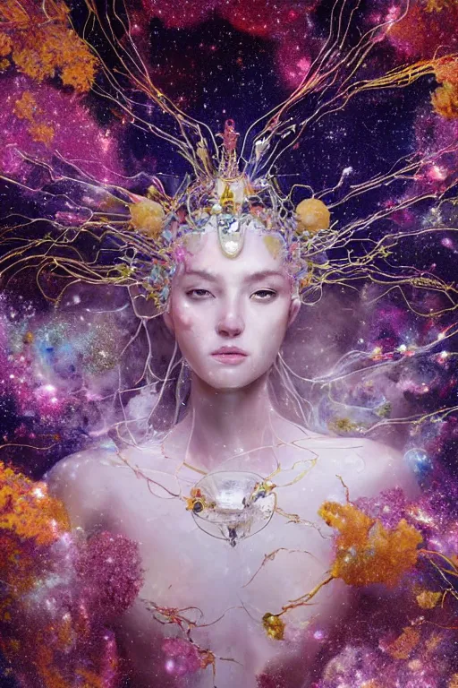 Image similar to realistic 8k digital painting of a stunning intricate cracked multicolored milky marble Cosmic EVA-Mech Ethereal Queen character design. Beautiful aura. Kintsugi. by Daytoner, Greg Tocchini, Yoshitaka Amano. Intricate Empress Crown made of sentient mycelium jewels and gems. subtle misty xparticles. Scattered Cherry blossoms Hyperrealism. Subsurface scattering. Octane Render