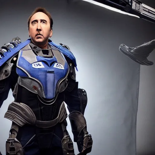 Image similar to Nicolas Cage wearing Powered Combat Suit in Starcraft, promo shoot, studio lighting