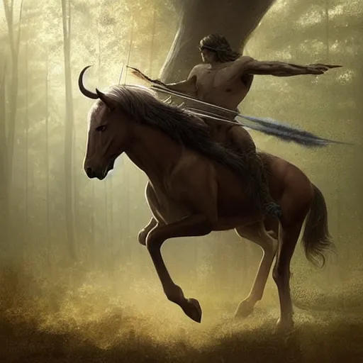 Image similar to Adam Driver as a centaur warrior, human upper torso attached to a horse body, aiming a bow and arrow, galloping through the forest, digital art, fantasy art by Greg Rutkowski