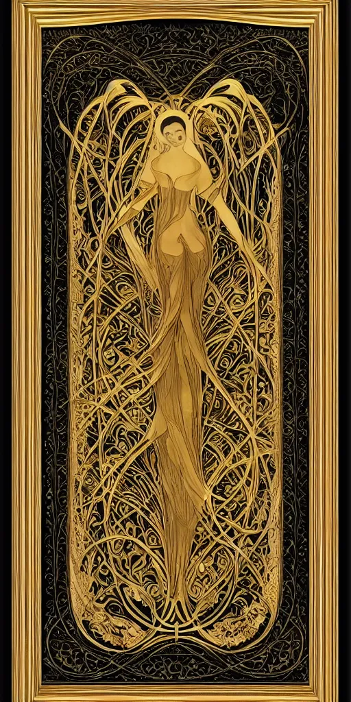 Image similar to an intricate art nouveau frame, golden entertwined edges art, black void center, matte, sharp focus,