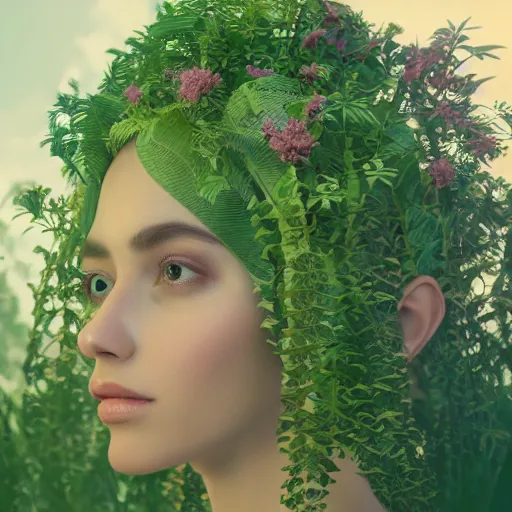 Image similar to beautiful girl in a dress made of plants, beautiful portrait, symmetrical, character concept style trending on artstation concept art detailed octane render cinematic photo - realistic 8 k high detailed