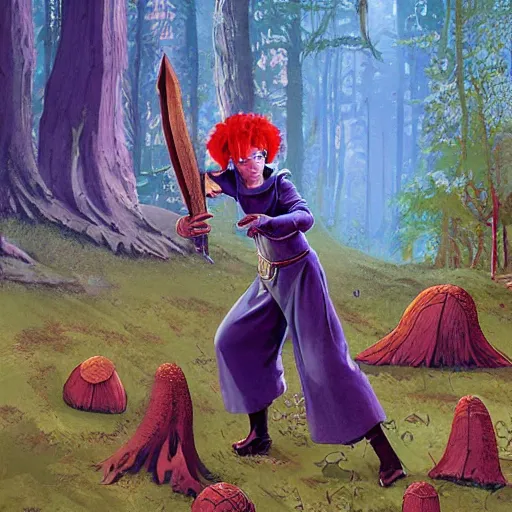 Image similar to moonshine cybin, epic level dnd wood elf spore druidess, wielding a magical sword, wearing magical overalls. covered in various fungi. full character concept art, realistic, high detail digital gouache painting by angus mcbride and michael whelan and jeffrey jones