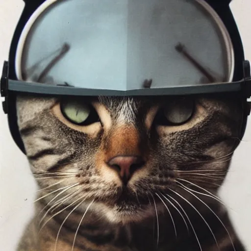 Image similar to a portrait of a cat behind the space suit helmet