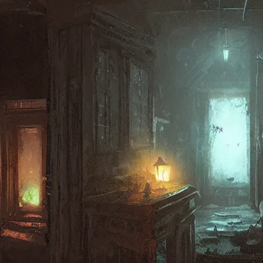 Prompt: interior of a haunted house at night, horror, by greg rutkowski