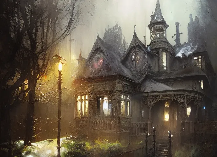 Prompt: gothic mansion, ornate, magical, artwork, paint, complimentary colors, bastien lecouffe - deharme, by jeremy mann