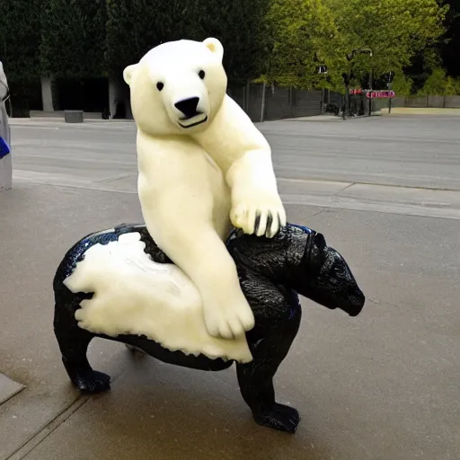 Image similar to biden riding a polar bear, metal sculpture