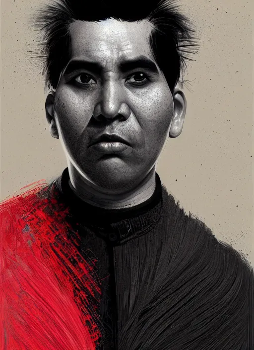 Image similar to portrait of a wide faced peruvian man with a crooked nose and a confident expression, 1 9 6 0 s, black clothes, goth, punk, brightly coloured hair, funk, intricate, elegant, highly detailed, digital painting, artstation, concept art, smooth, sharp focus, illustration, art by wlop, mars ravelo and greg rutkowski