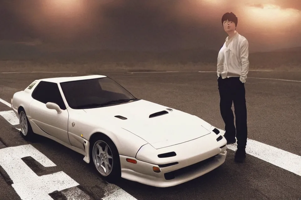 Image similar to aesthetic detailed illustration of ryosuke takahashi with black hair and white pants, standing by his white glossy mazda rx 7 on an empty highway at sunrise, cinematic lighting, initial d anime 1 0 8 0 p, detailed anime face, high detail, 9 0 s anime aesthetic, volumetric lights, rule of thirds, unreal engine 5 render, pinterest wallpaper, trending on artstation